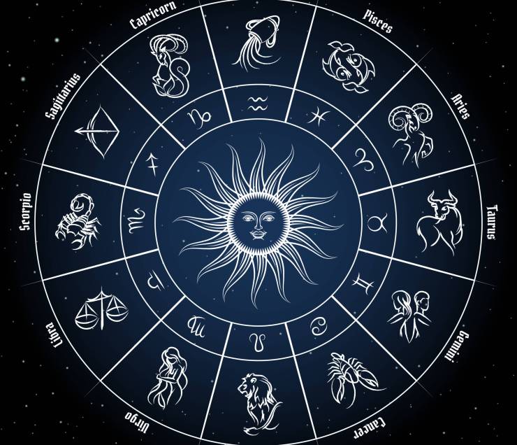 Zodiac circle with horoscope signs. Fish pisces scorpio aquarius zodiak aries virgo. Vector illustration